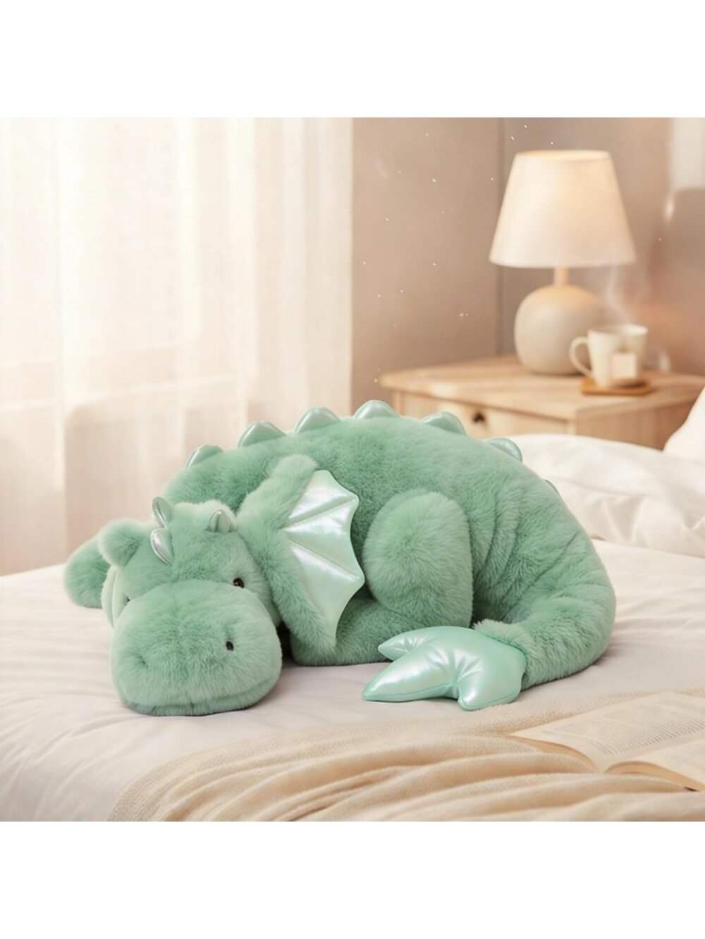Large 36in Cute Dragon Plush Toy - Soft Green Pterosaur Pillow, Fuzzy Dinosaur